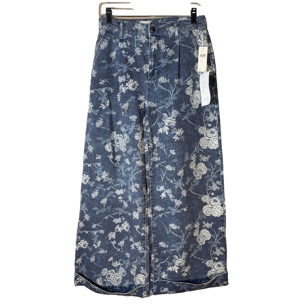 Anthropologie Pilcro Leon 25 Double Hem High-Rise Wide-Leg Cuffed Jeans Floral